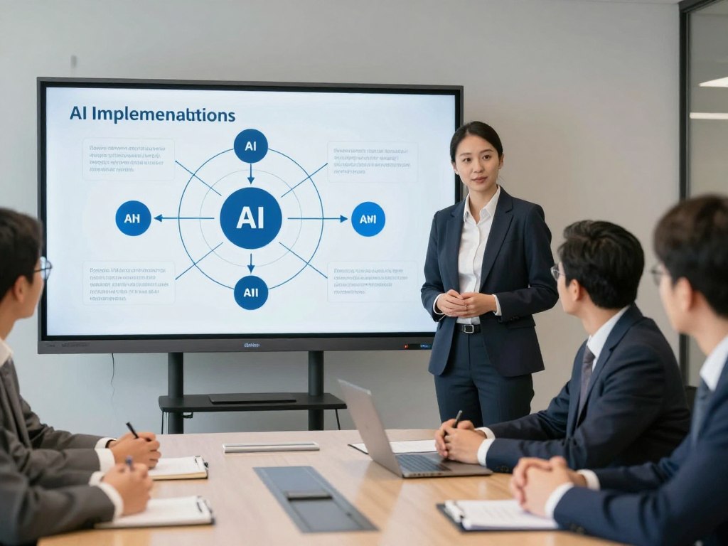 Consultant en stratégie présentant un plan d'implémentation d'IA à des dirigeants