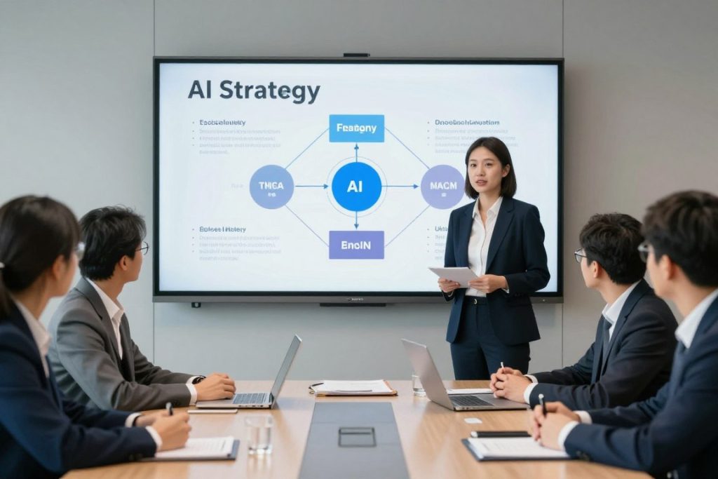 Consultant présentant une stratégie d'IA à une équipe de direction
