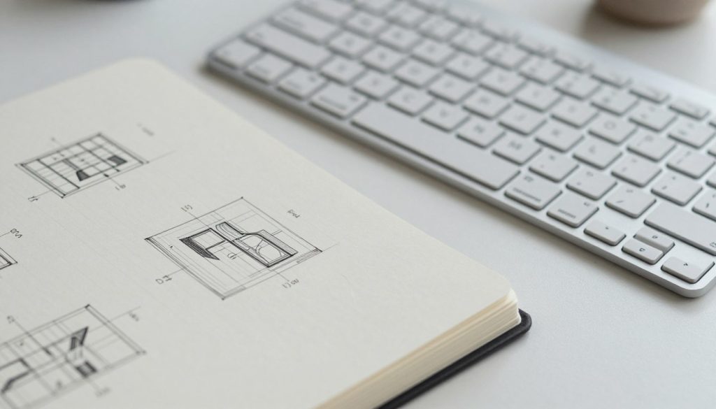 Bloc-notes technique posé à côté d'un clavier d'ordinateur dans un bureau d'ingénierie
