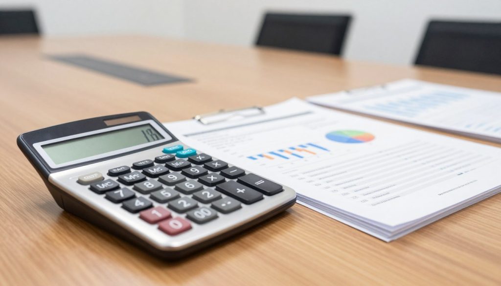 Calculatrice financière et documents de gestion posés sur une table de réunion