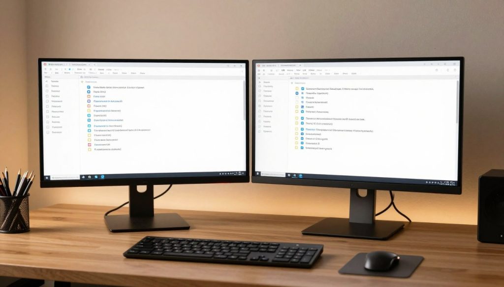 Espace de travail moderne avec plusieurs écrans affichant des répertoires de fichiers